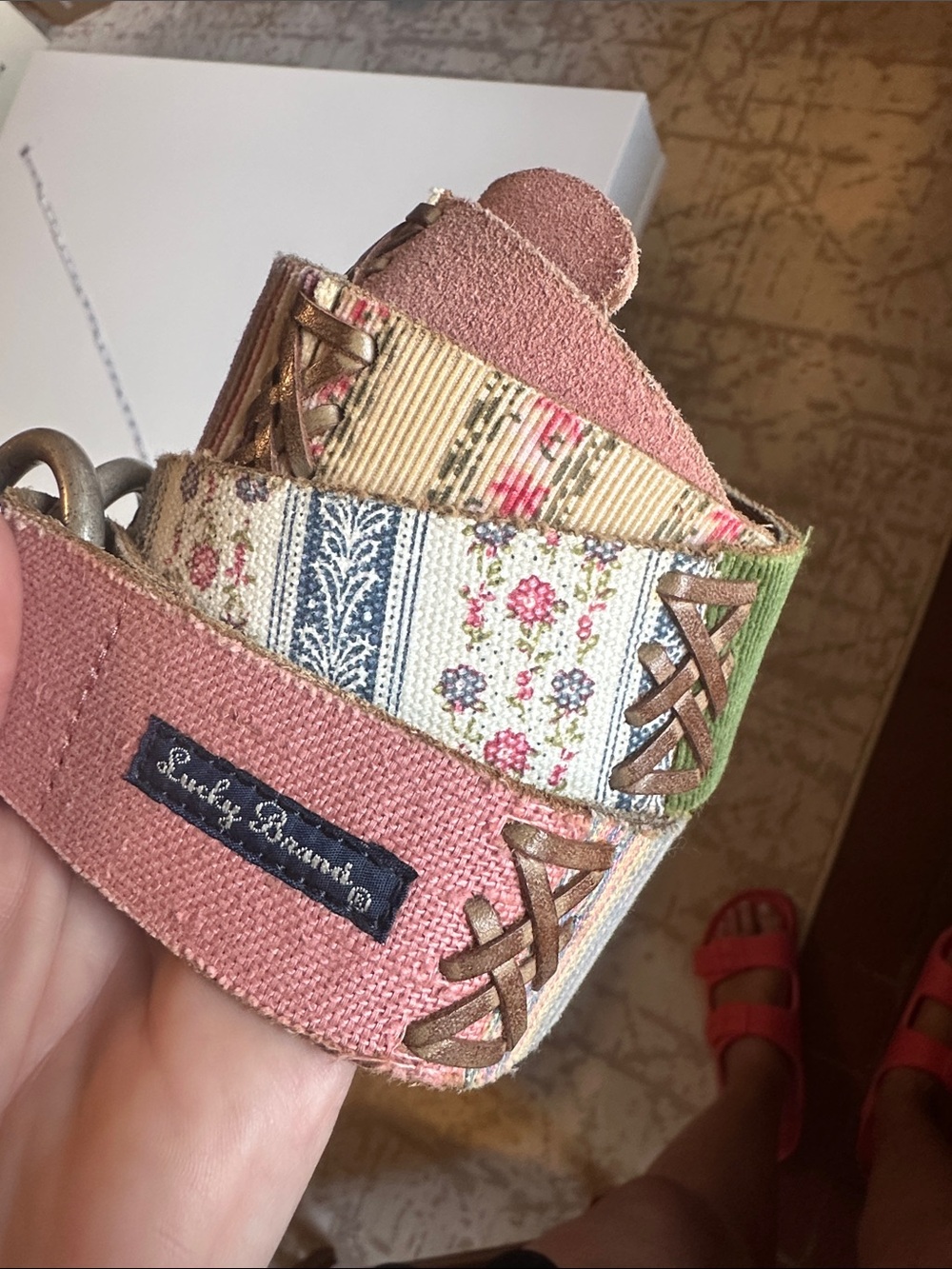 Lucky Brand Pink Suede and Multicolor Woven Strap Belt